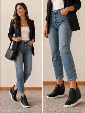 Linea Paolo Black Perforated Leather Wedge Sneakers with White Soles